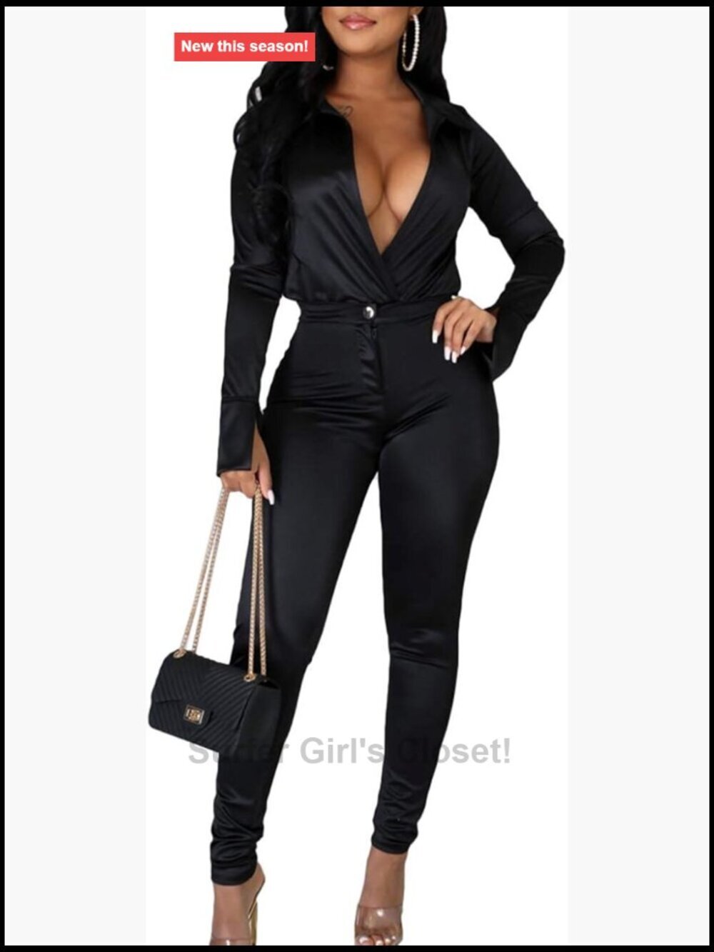 Womens Silk Satin Business Suit Two Piece Long Sleeve Bodysuit High Waist